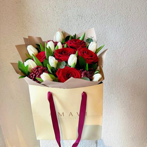 Royal Roses &amp; White Tulips Valentine's Day Special Bag Bouquet