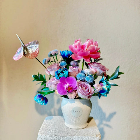 Galaxy Tulip Coral Peony Arrangement in Azure Kiss Vase