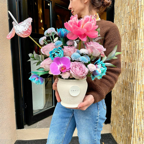 Galaxy Tulip Coral Peony Arrangement in Azure Kiss Vase