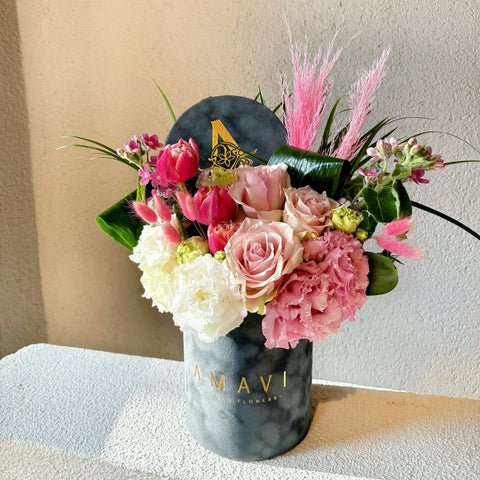 Pink Velvet Garden Pink Arrangement in Grey Velvet Box
